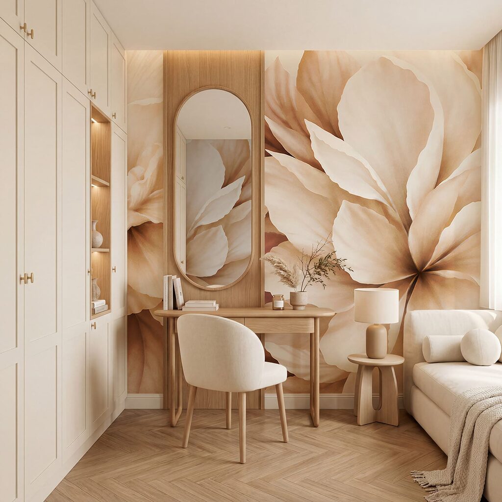 Flores grandes en crema en un interior