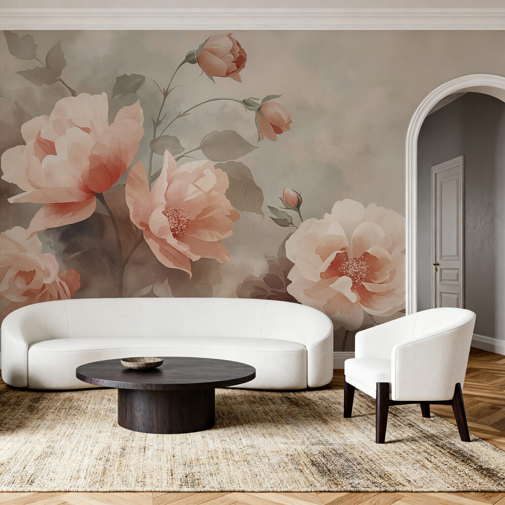 Capullos rosas y pinceladas en un interior