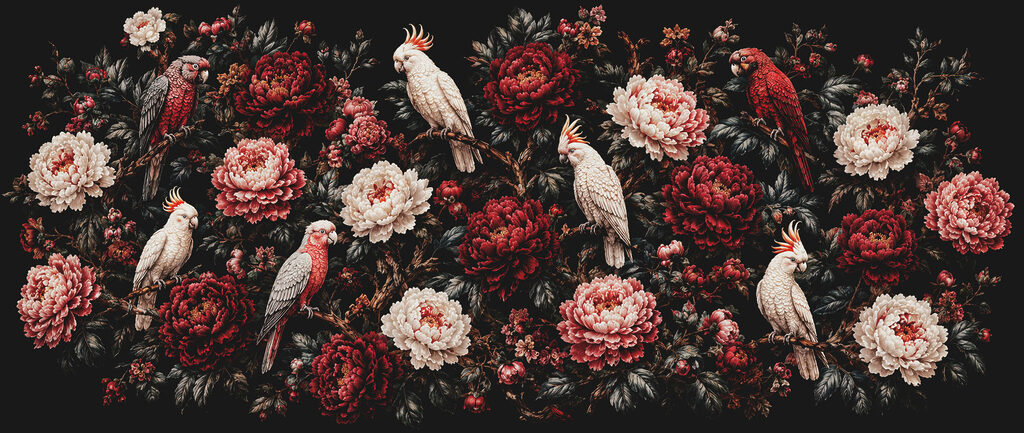 Aves blancas en rojo — diseño completo