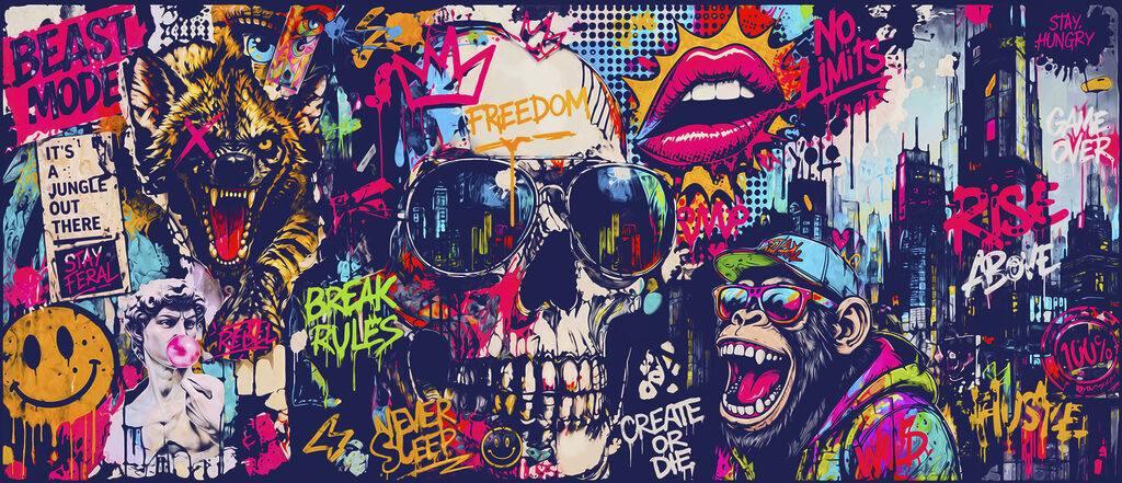 Calavera entre grafitis — diseño completo