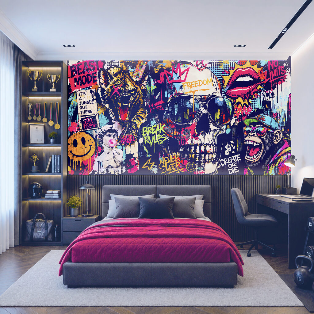 Calavera entre grafitis en un interior