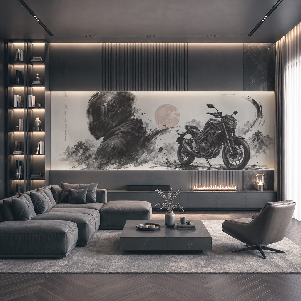 Moto y casco en un interior
