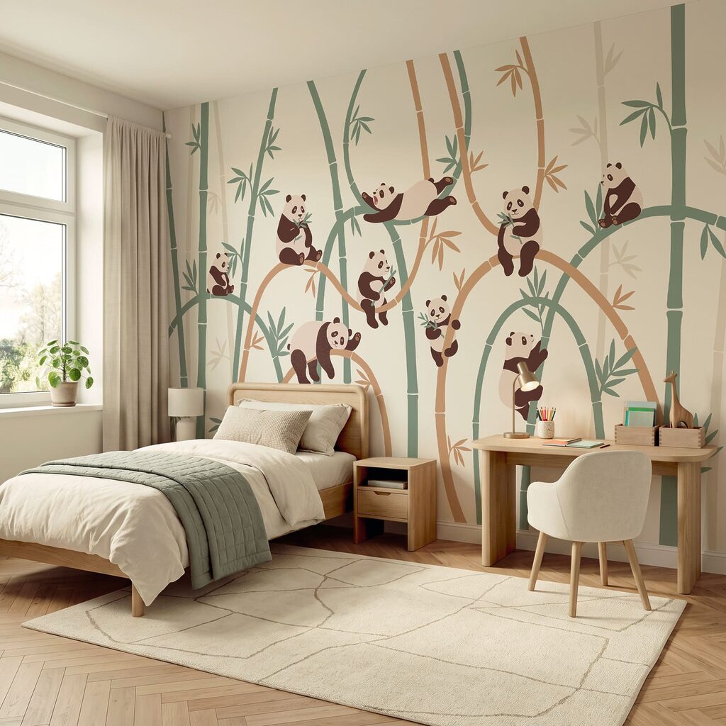 Pandas entre bambú en un interior