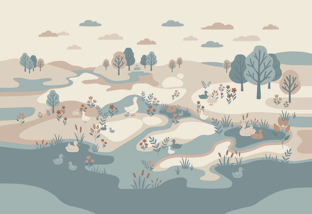 Patos junto al agua — diseño completo
