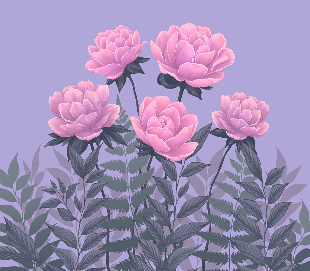 Floración rosa sobre lila — diseño completo