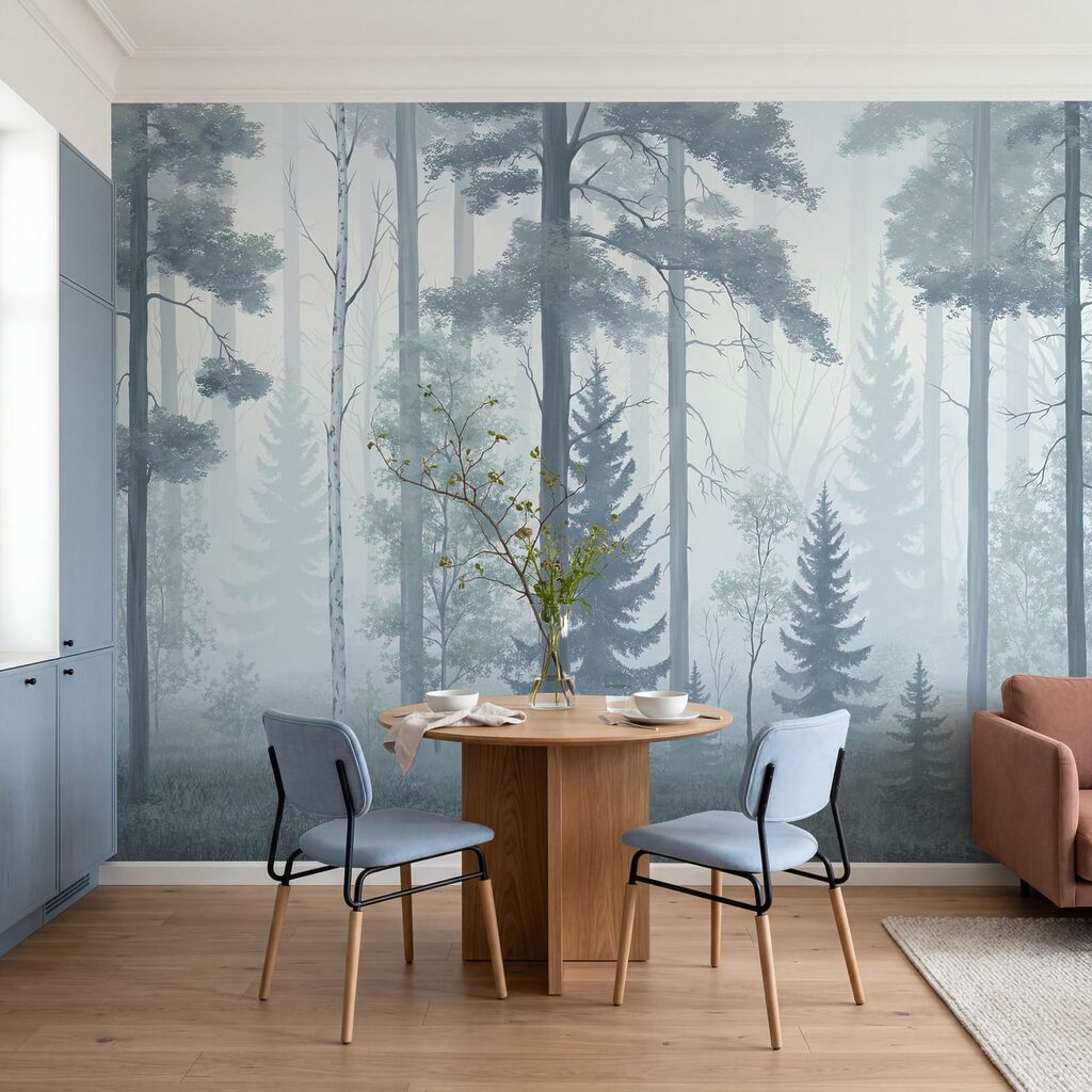 Troncos altos en niebla — interior 1