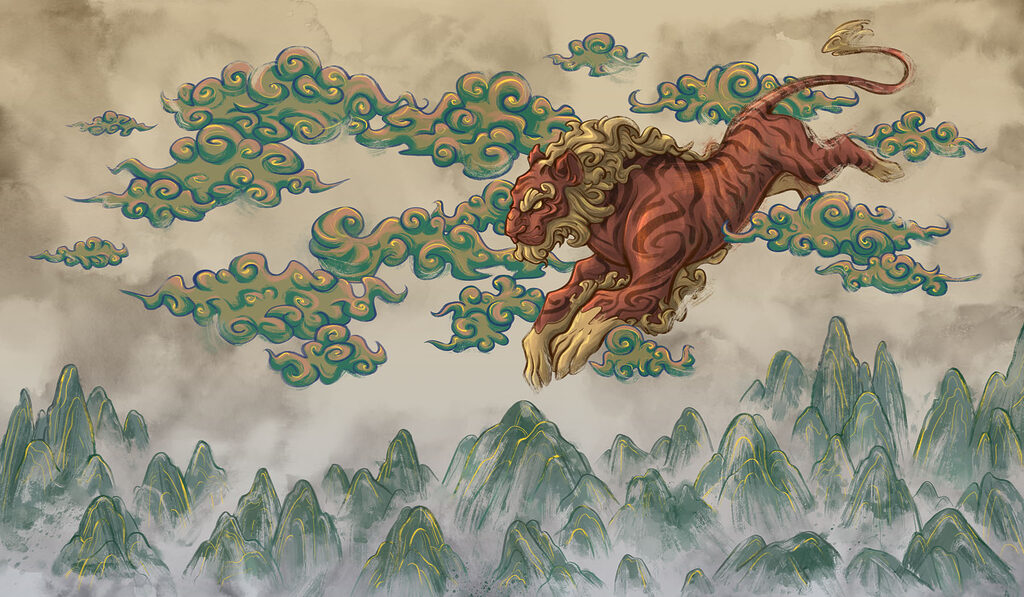 Tigre sobre nubes pintadas — diseño completo