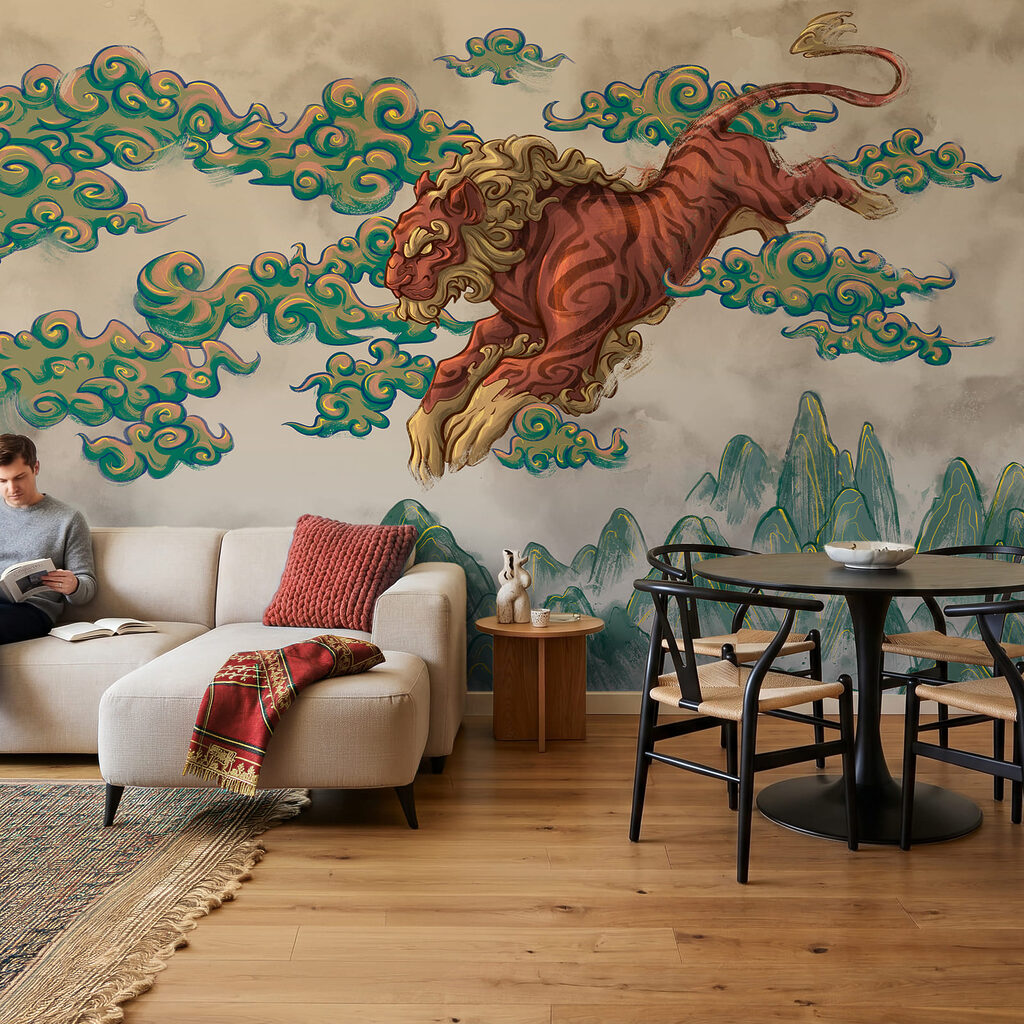 Tigre sobre nubes pintadas en un interior