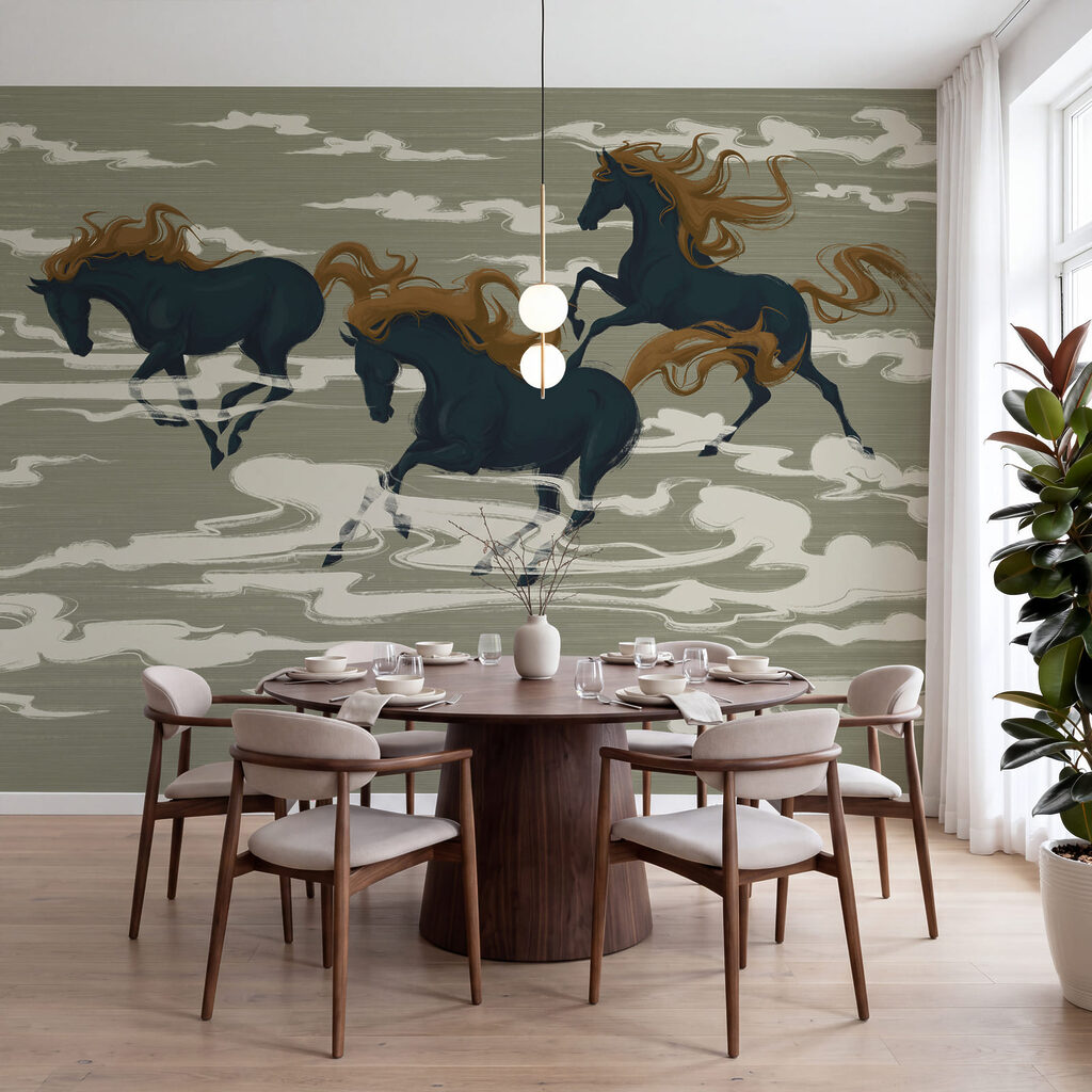 Caballos entre nubes estilizadas en un interior