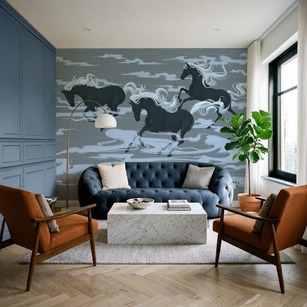 Caballos entre nubes estilizadas — interior 1