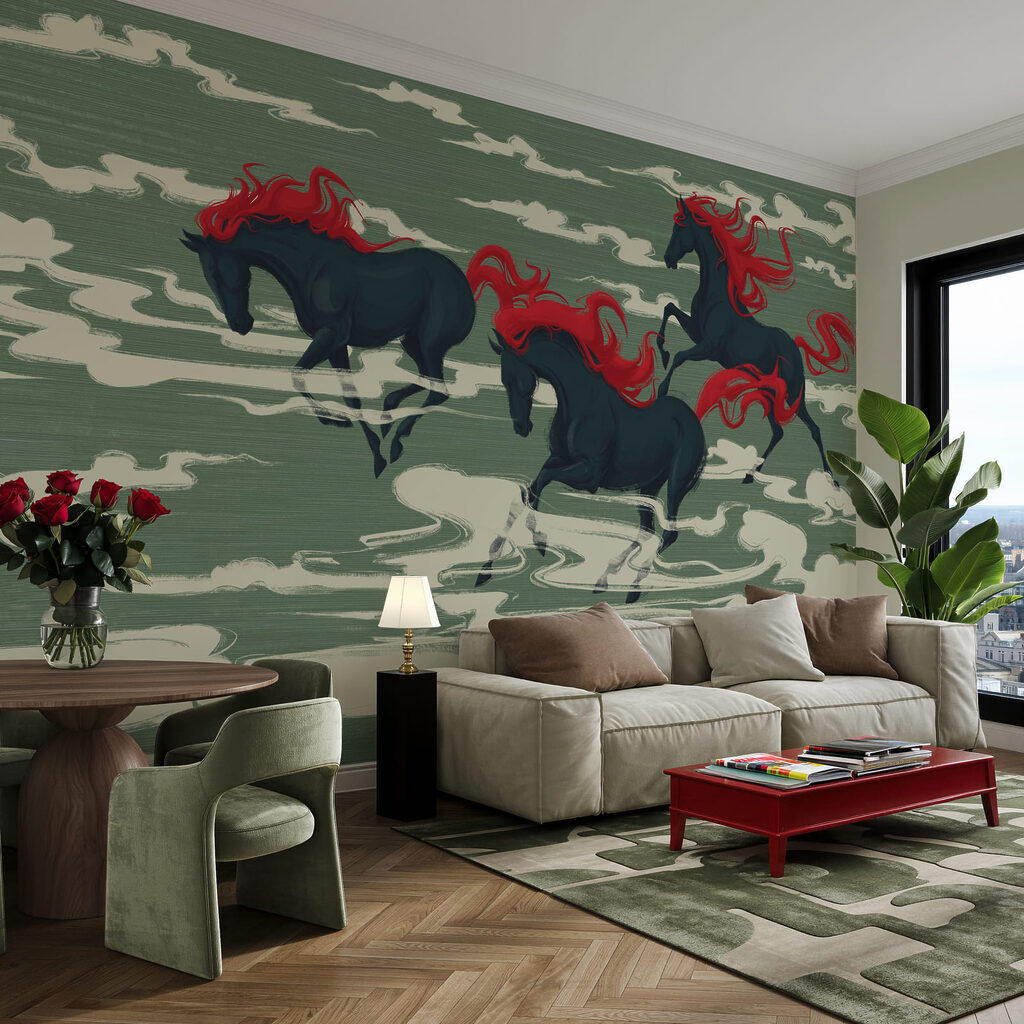Caballos entre nubes estilizadas — interior 1