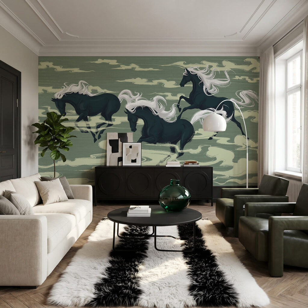 Caballos entre nubes estilizadas — interior 1