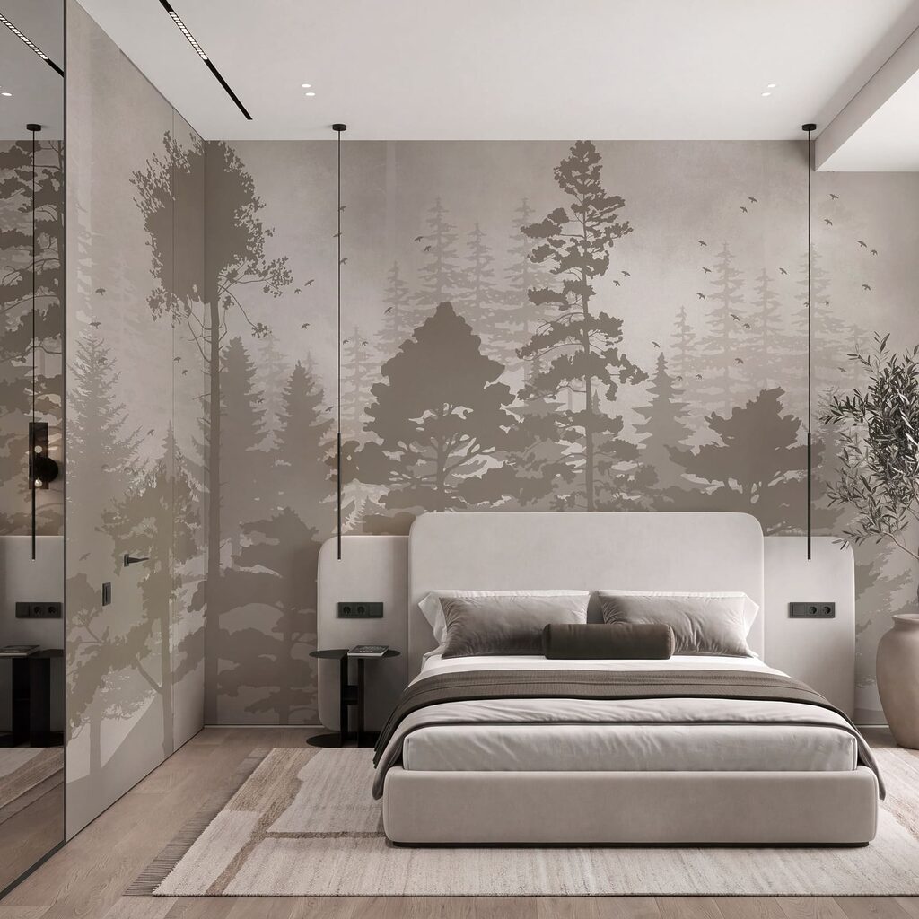 Árboles como siluetas pintadas en un interior