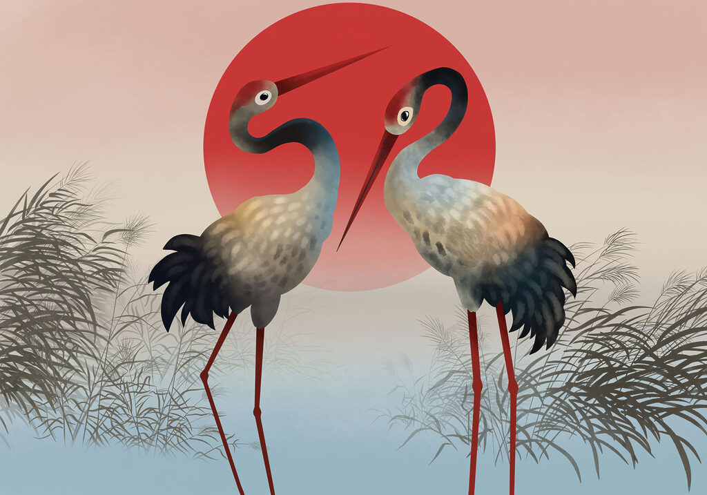 Dos aves al atardecer — diseño completo