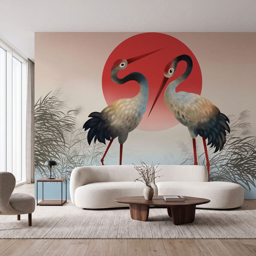 Dos aves al atardecer en un interior