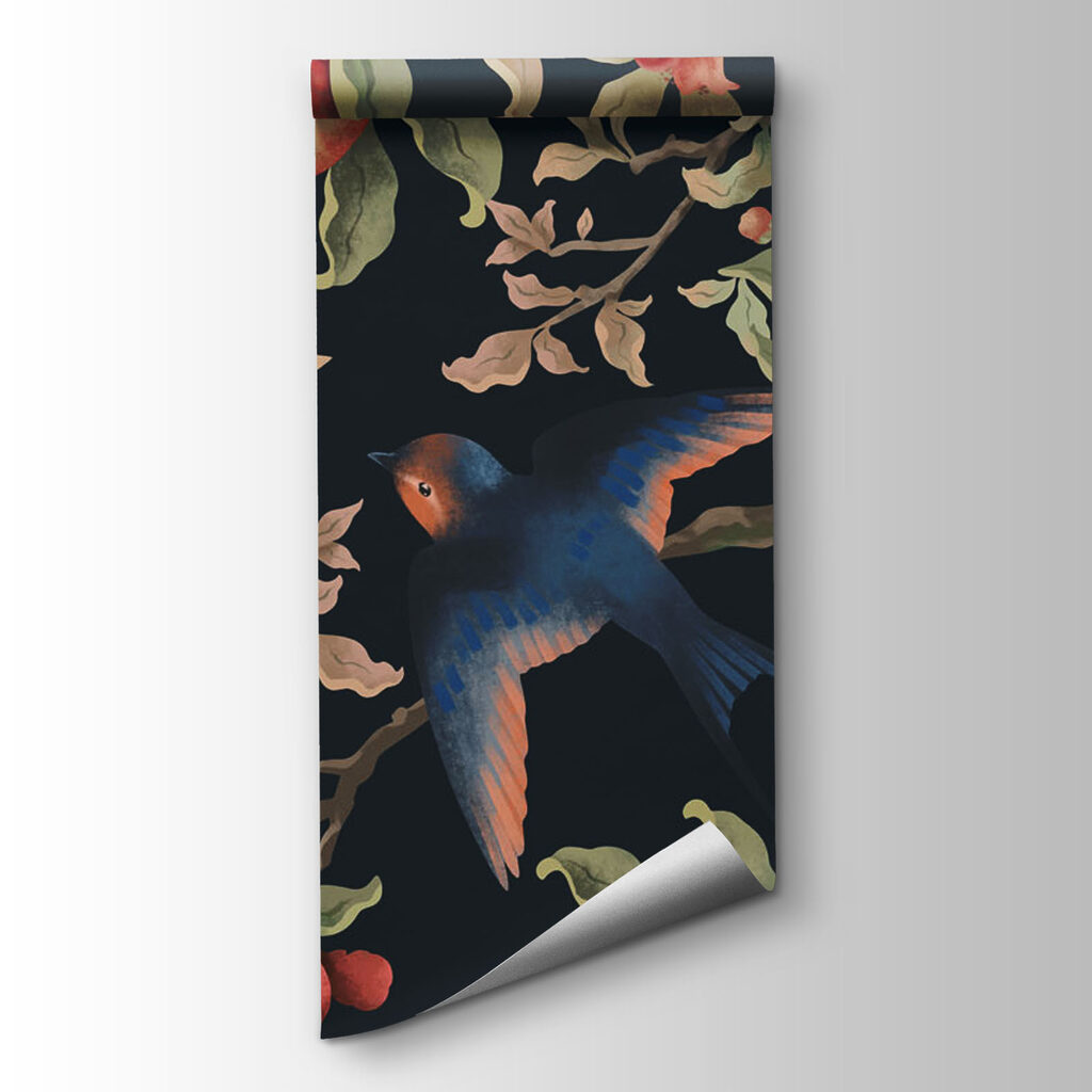 Aves entre granadas rojas — vista del producto
