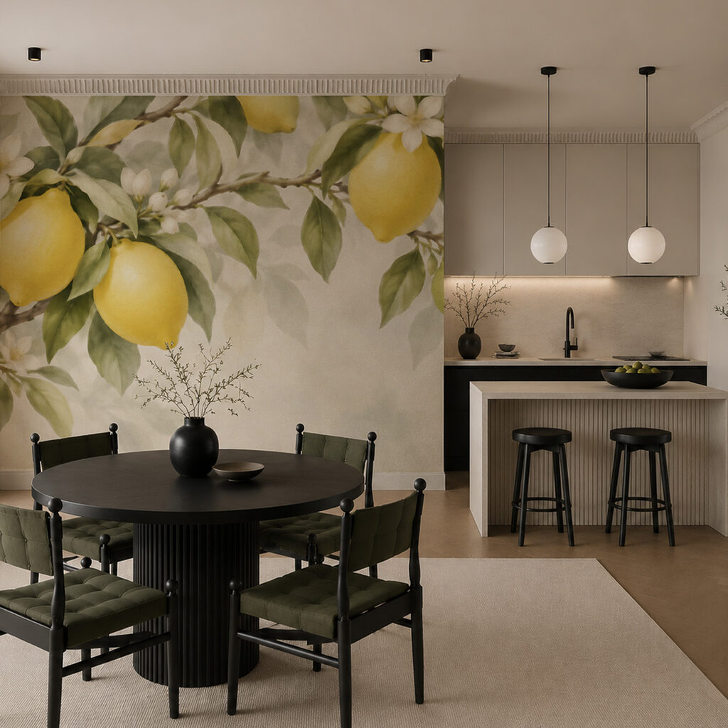 Limones junto a flores en un interior