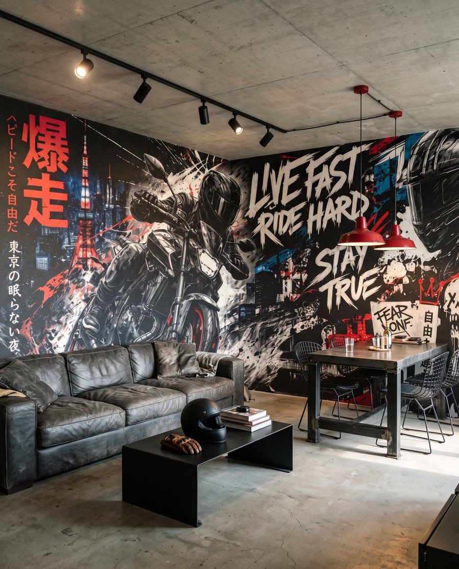 Moto entre grafitis en un interior