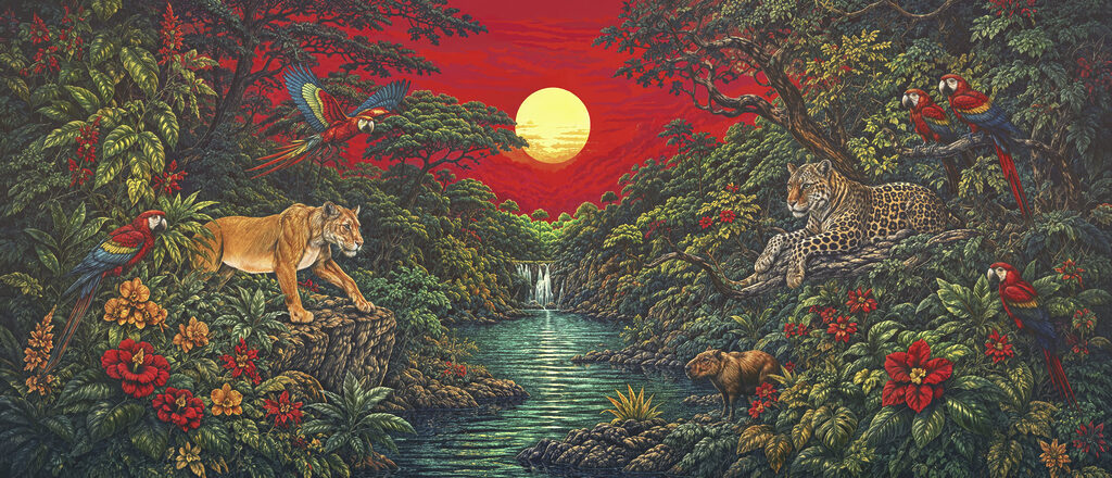 Felinos bajo cielo rojo — diseño completo