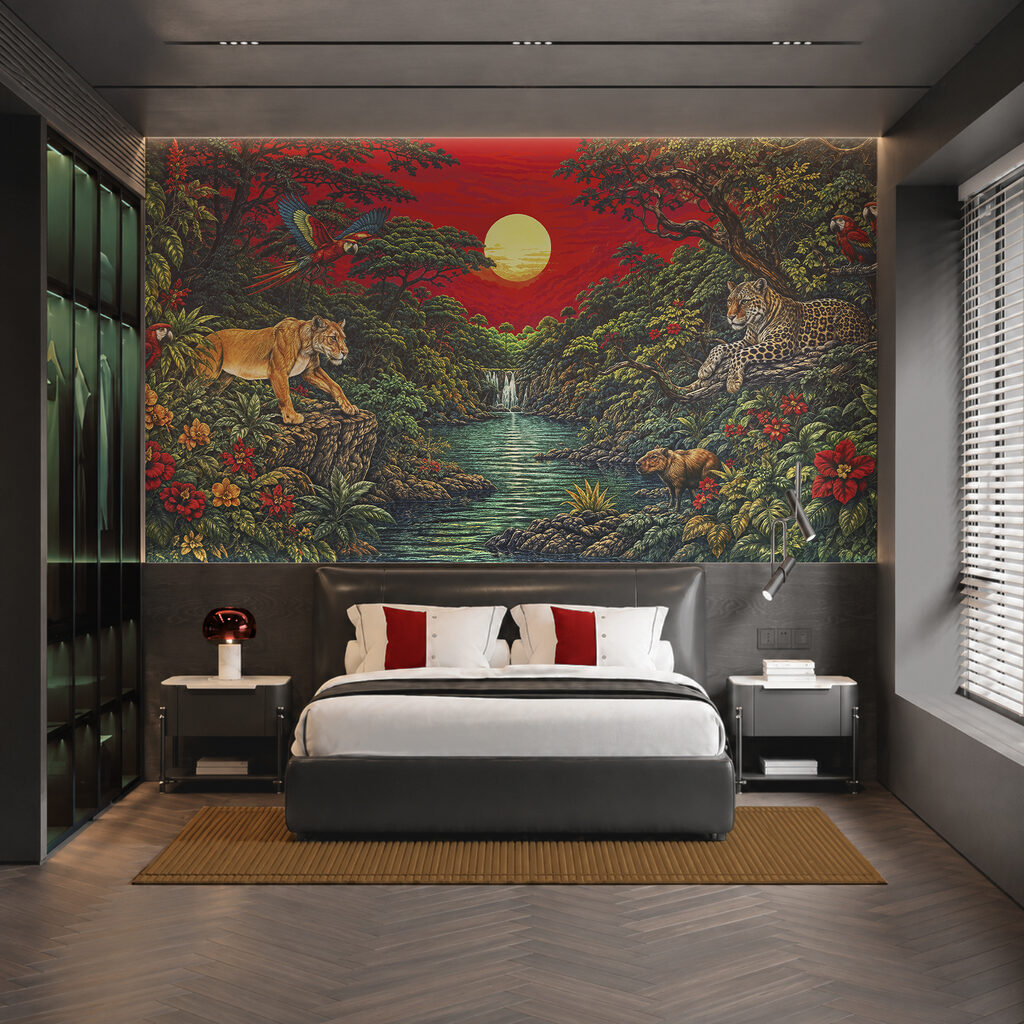 Felinos bajo cielo rojo en un interior