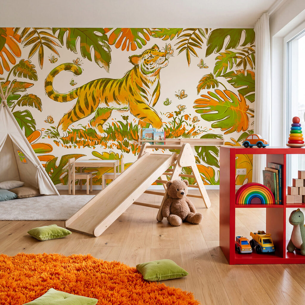 Tigre entre hojas tropicales — interior 2