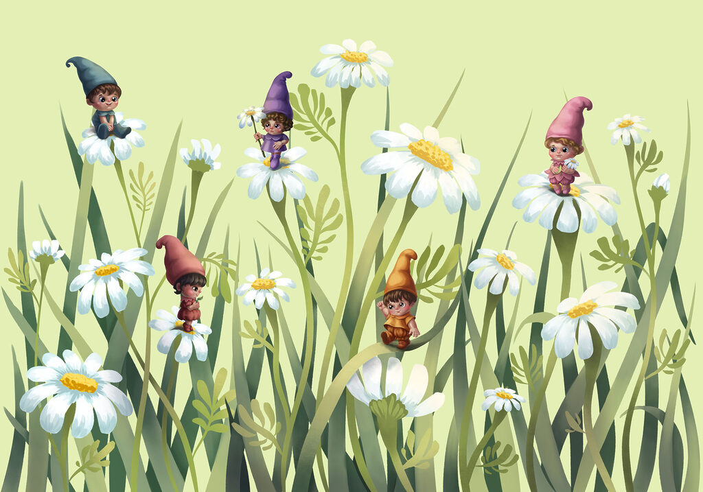 Duendes entre flores altas — diseño completo