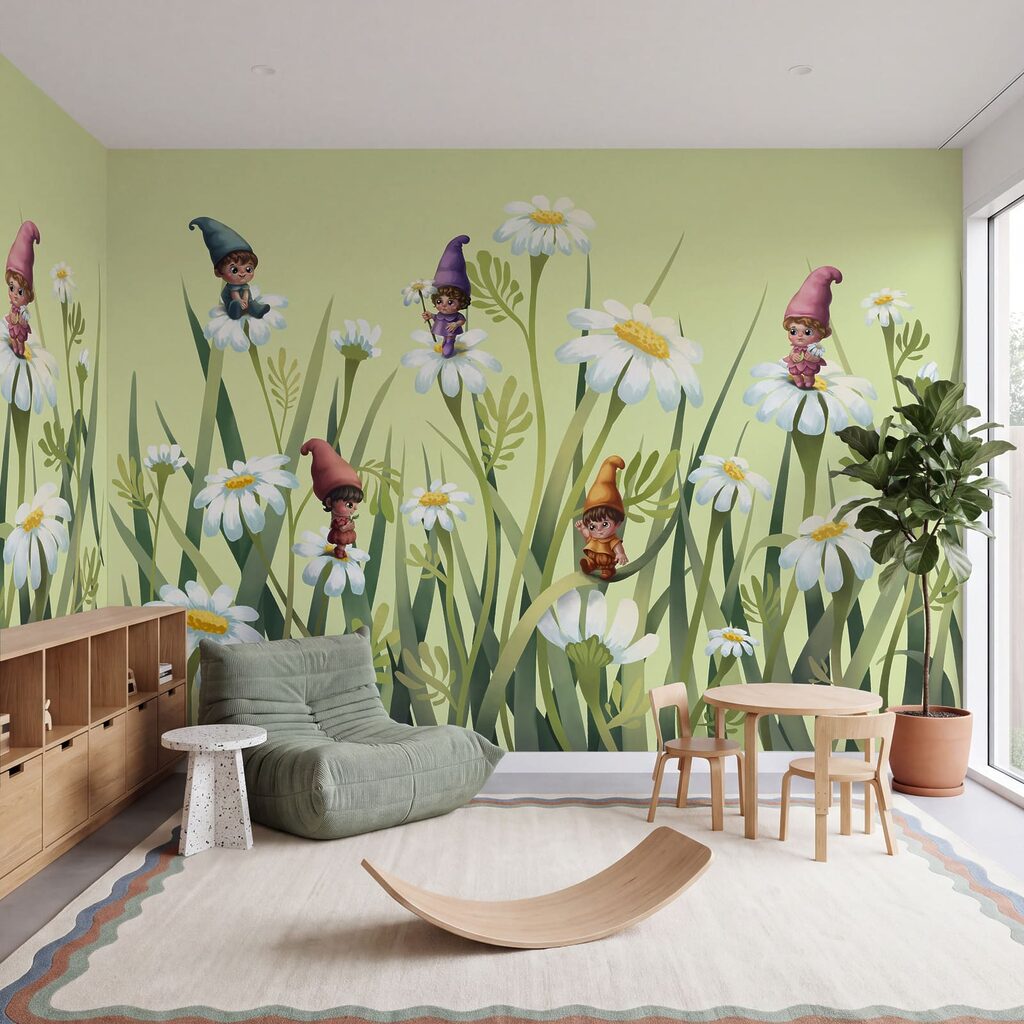 Duendes entre flores altas en un interior