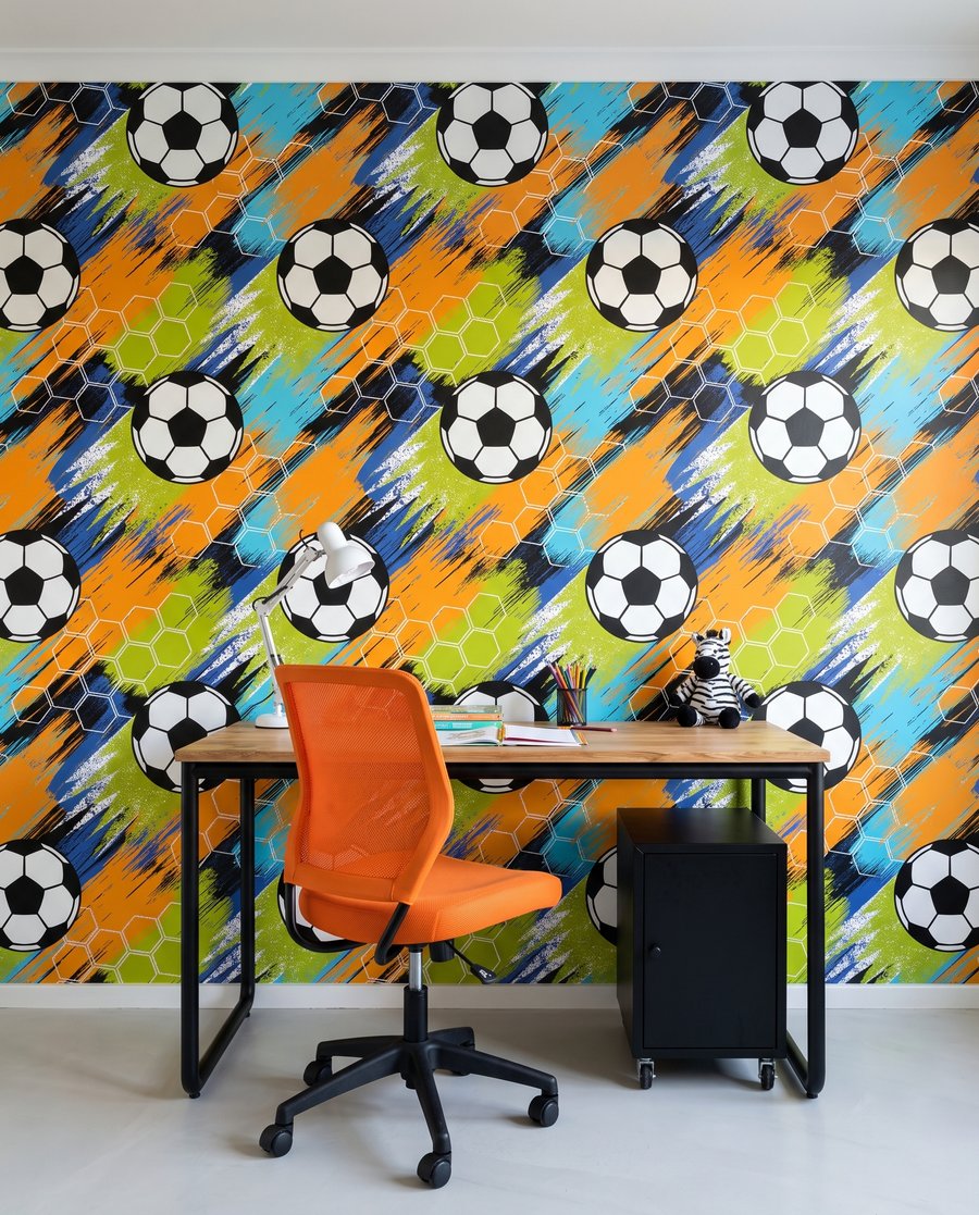 Balones entre trazos diagonales en un interior
