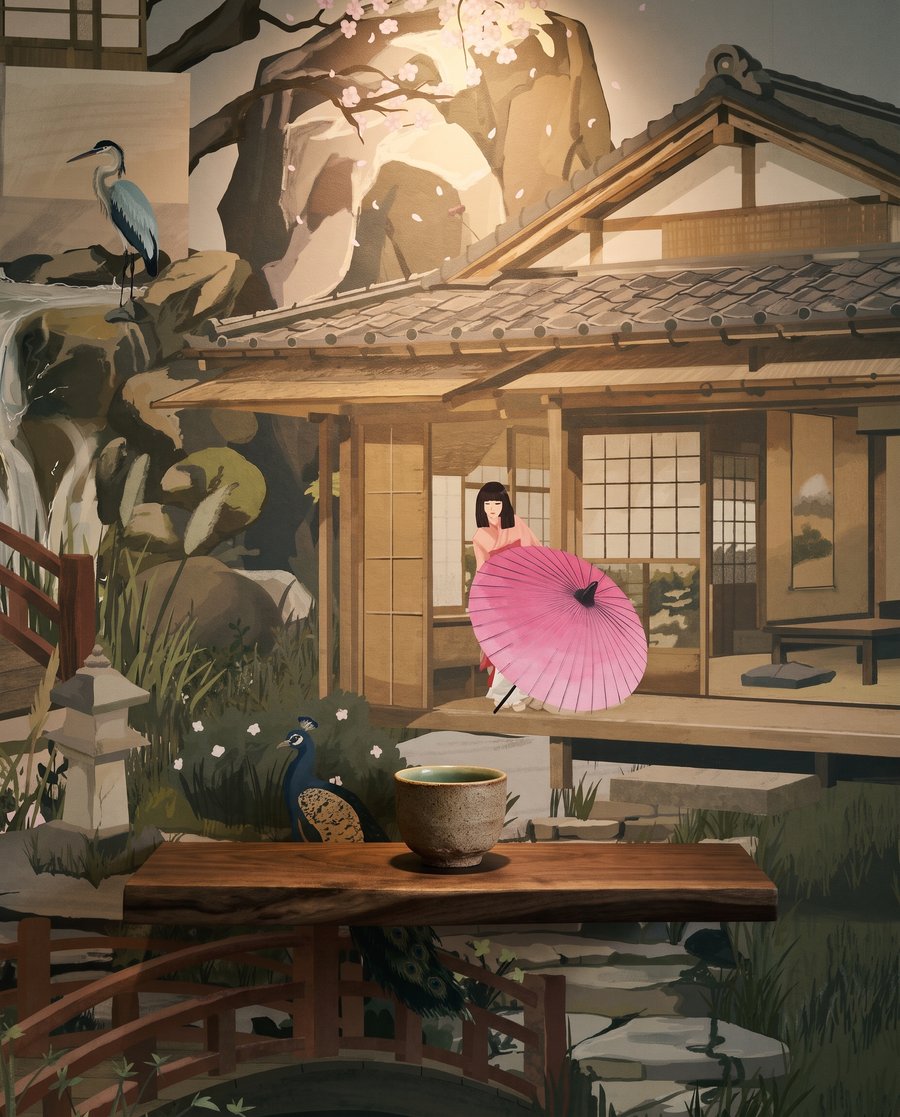 Pagodas en paisaje denso — detalle