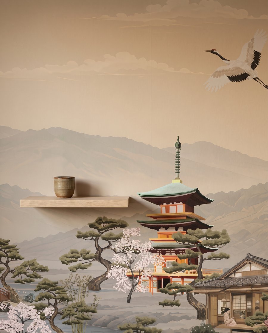 Pagoda ante una montaña — detalle