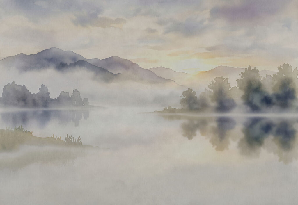 Lago en niebla matinal — diseño completo