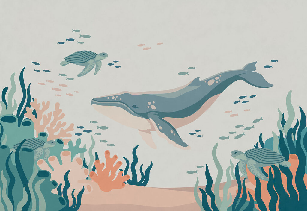 Criaturas marinas entre corales — diseño completo