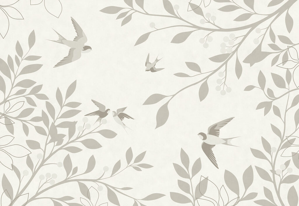 Aves entre ramas grises — diseño completo