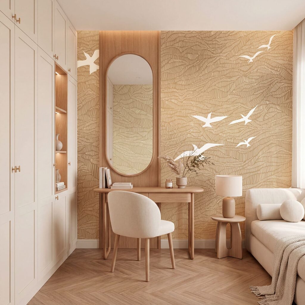Aves blancas sobre ondas en un interior
