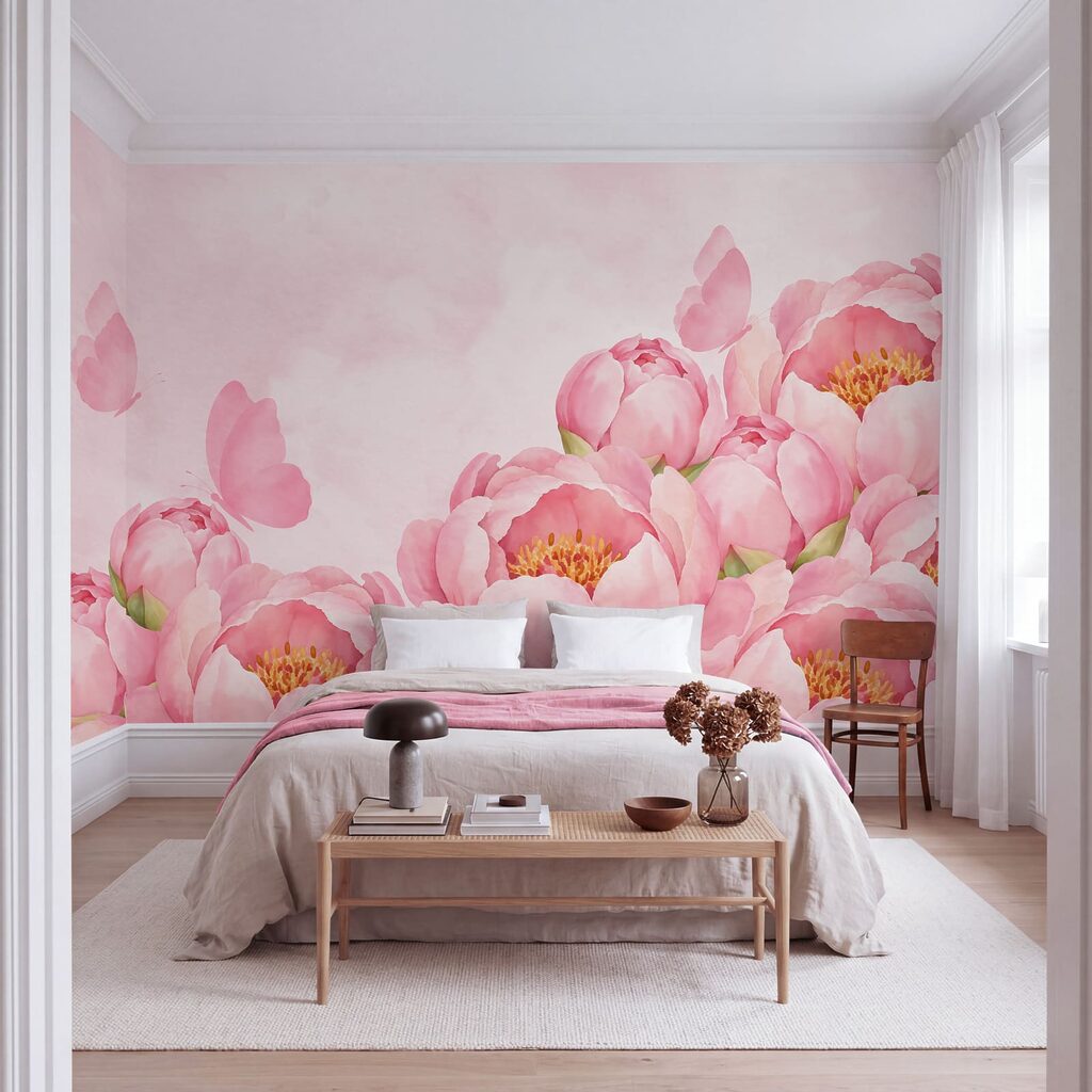 Mariposas sobre bordes florales en un interior