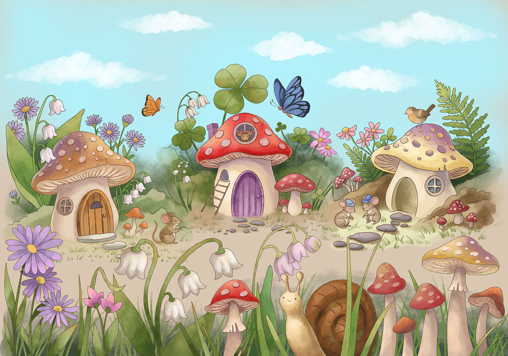 Pueblecito de setas — diseño completo