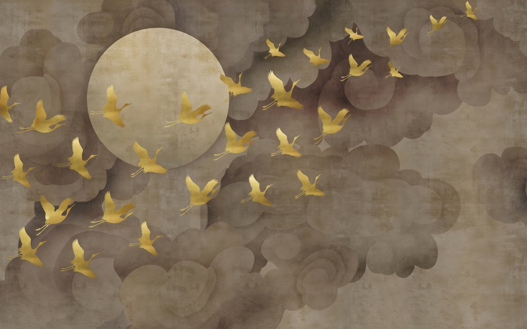 Aves doradas y luna — diseño completo