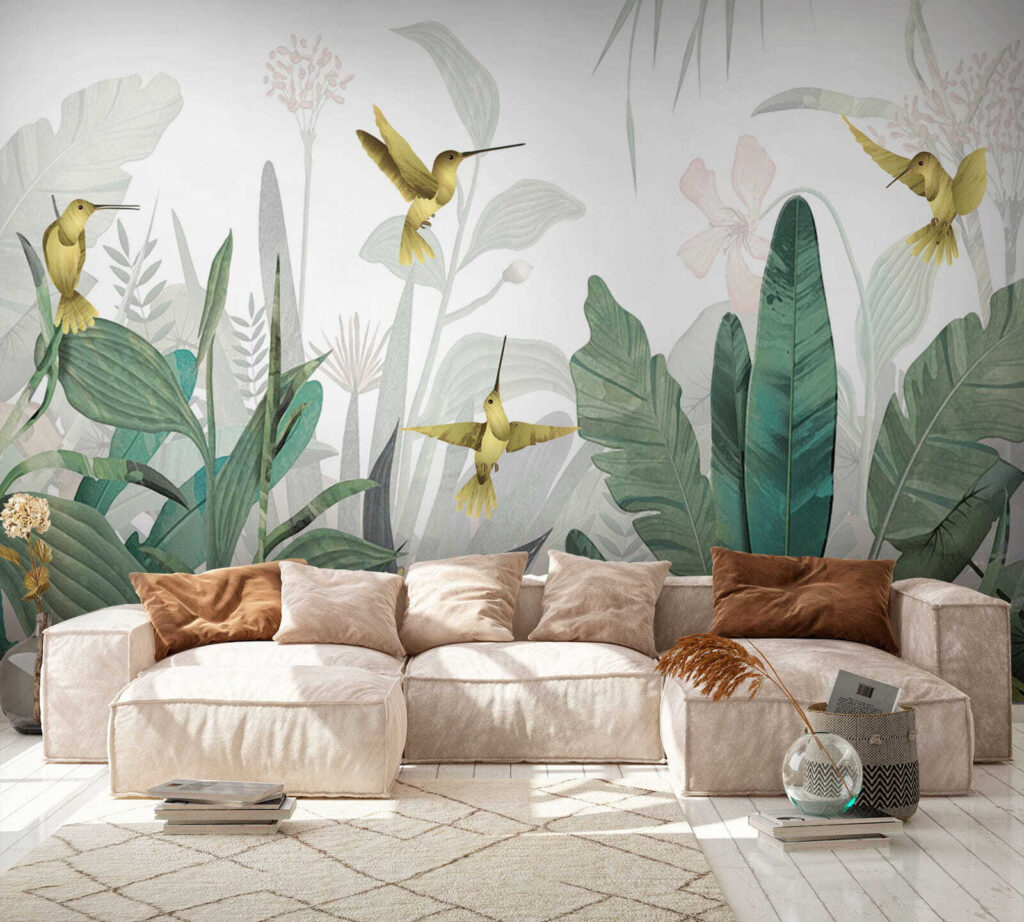 Colibríes entre las hojas en un interior