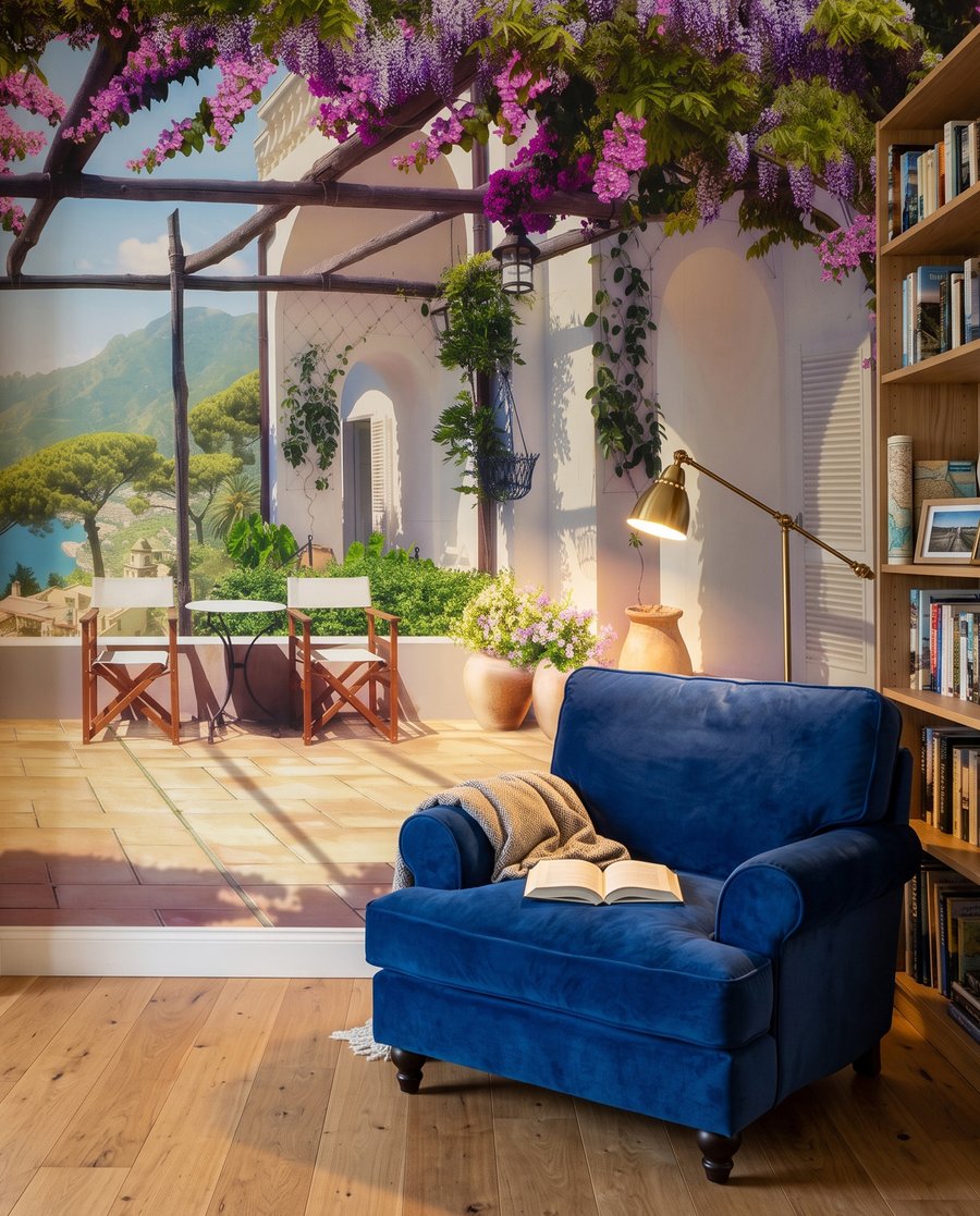 Bajo la pérgola florida en un interior