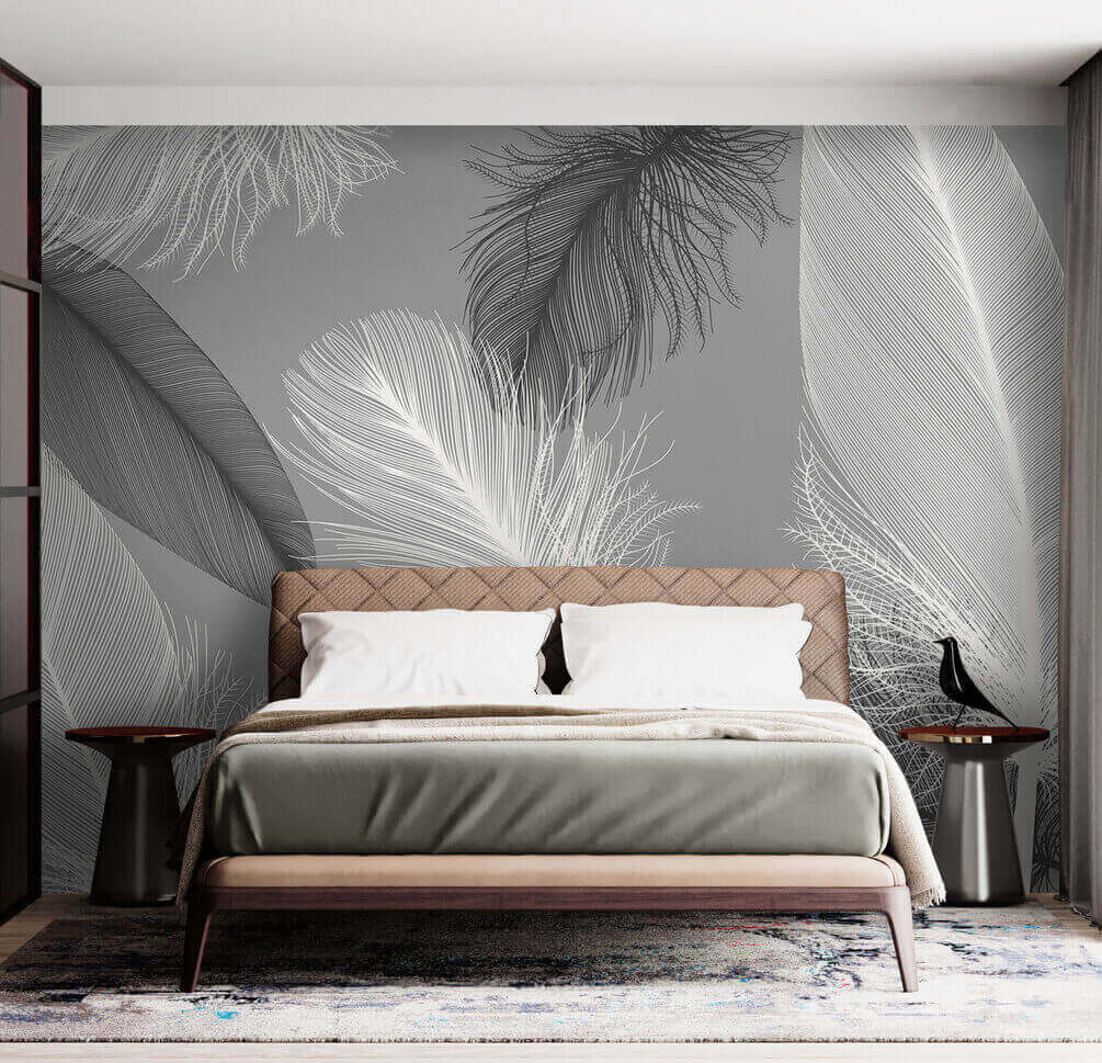 Plumas flotando en gris — interior 2