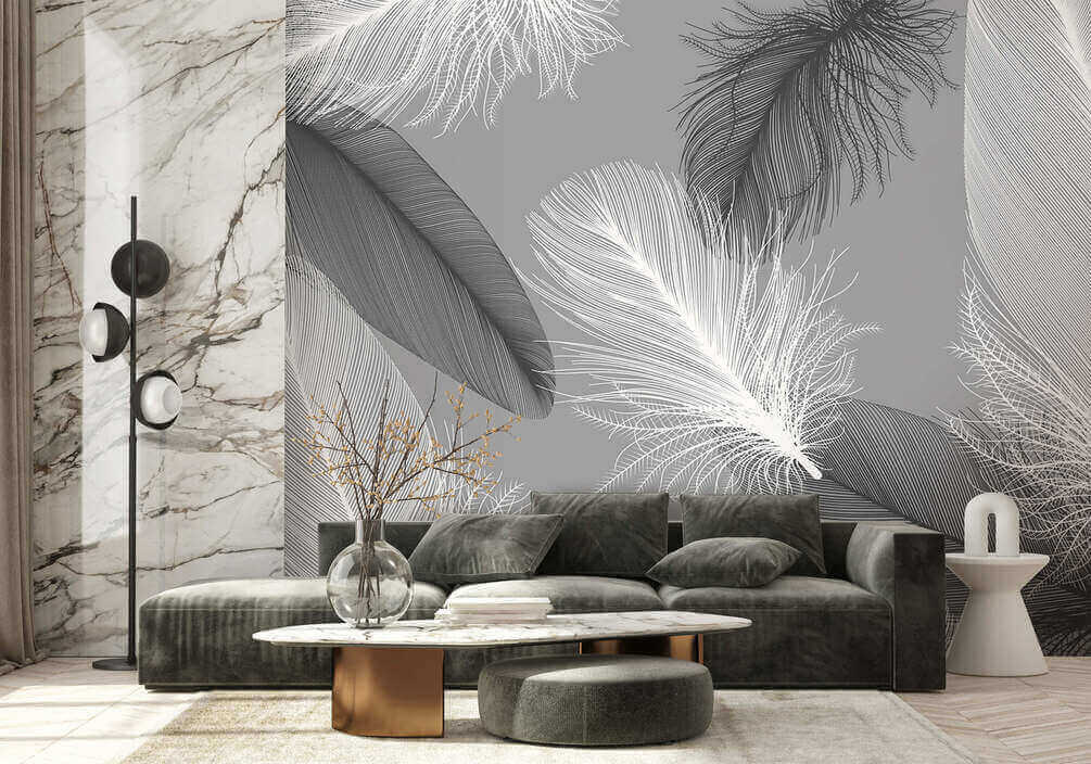 Plumas flotando en gris — interior 3