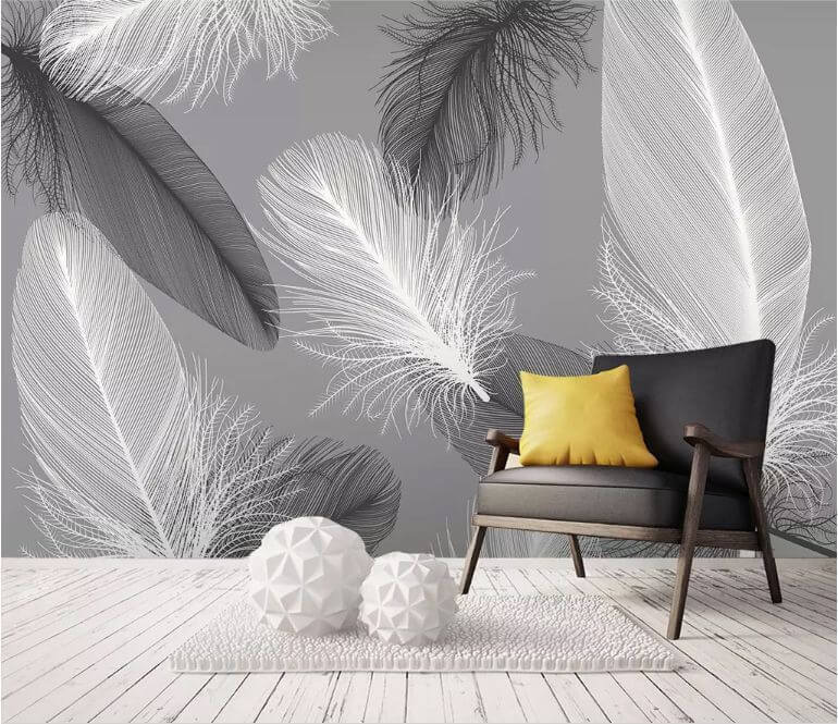 Plumas flotando en gris — interior 1