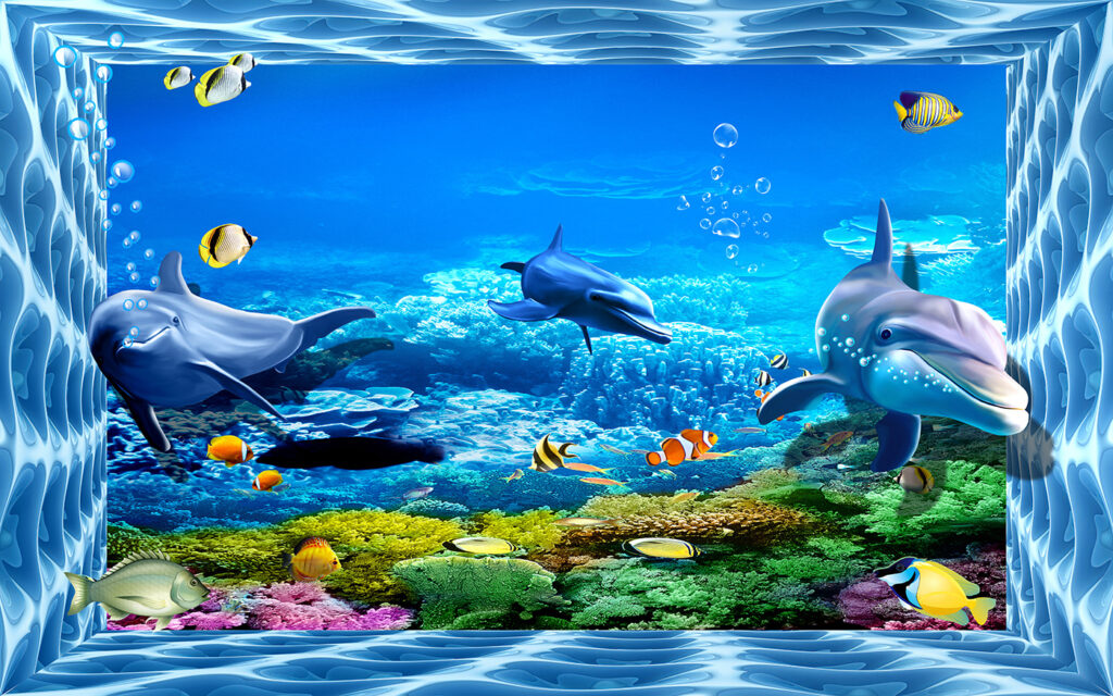 Delfines entre corales — diseño completo