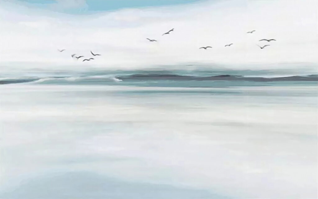 Aves sobre mar pálido — diseño completo