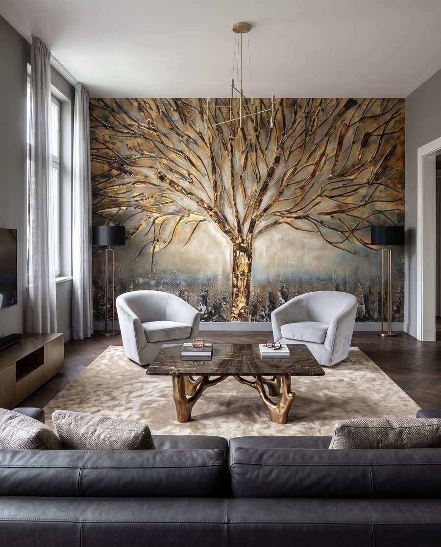 Árbol de contornos dorados en un interior