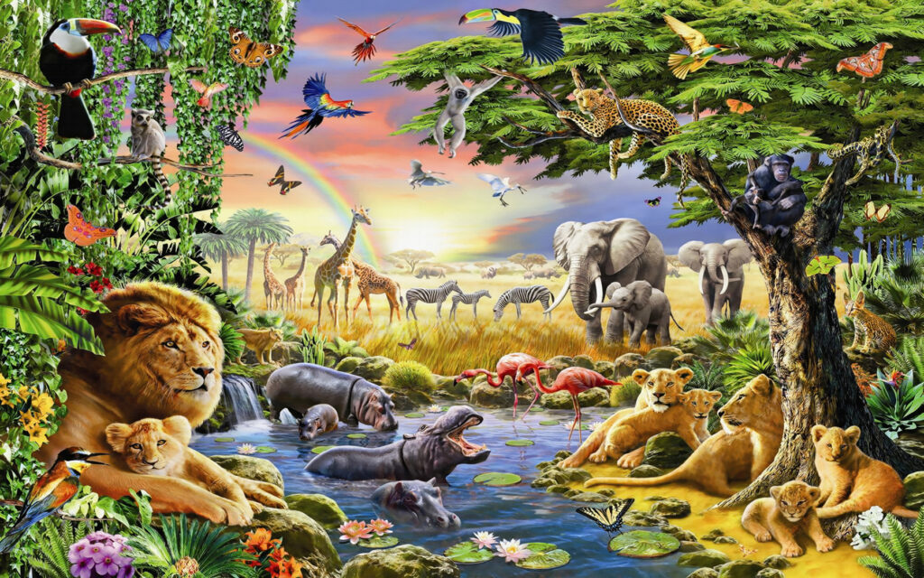 Animales junto al agua — diseño completo