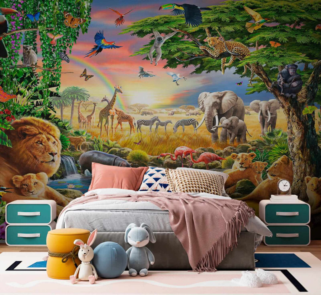 Animales junto al agua en un interior