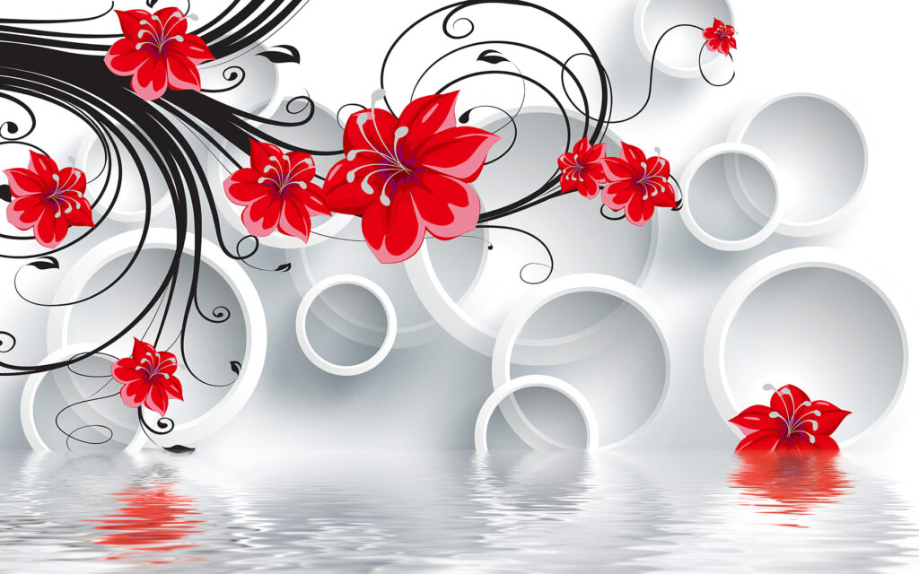 Flores rojas y círculos — diseño completo