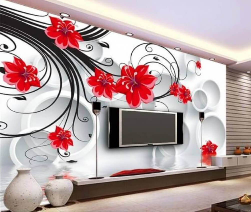 Flores rojas y círculos en un interior