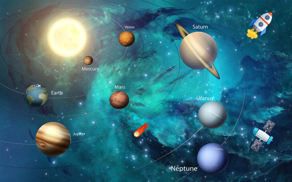 Planetas entre cohetes — diseño completo